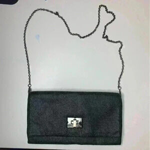 BCBG Maxazria Evening Clutch Handbag Black Metal Chain Strap.
